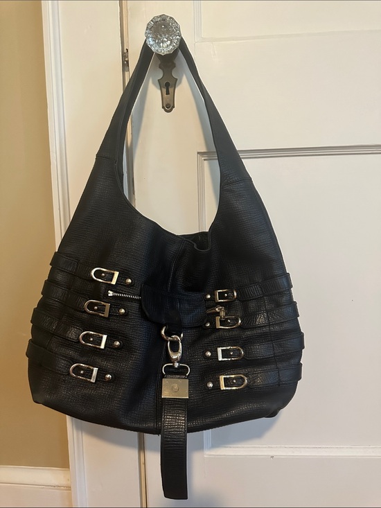 Jimmy Choo Handbags - Jimmy Choo Bardia Black Leather Buckle-Accent Hobo Bag